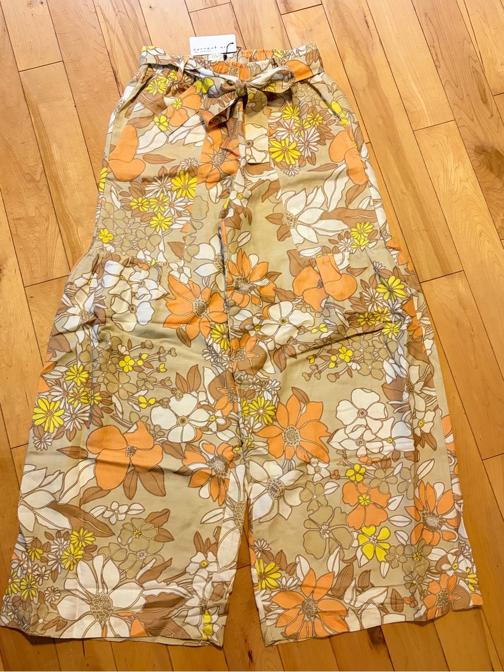 NWT Current Air Floral Tie-Waist linen Wide Leg Pants in Orange, Cream Tan small - Picture 2 of 11